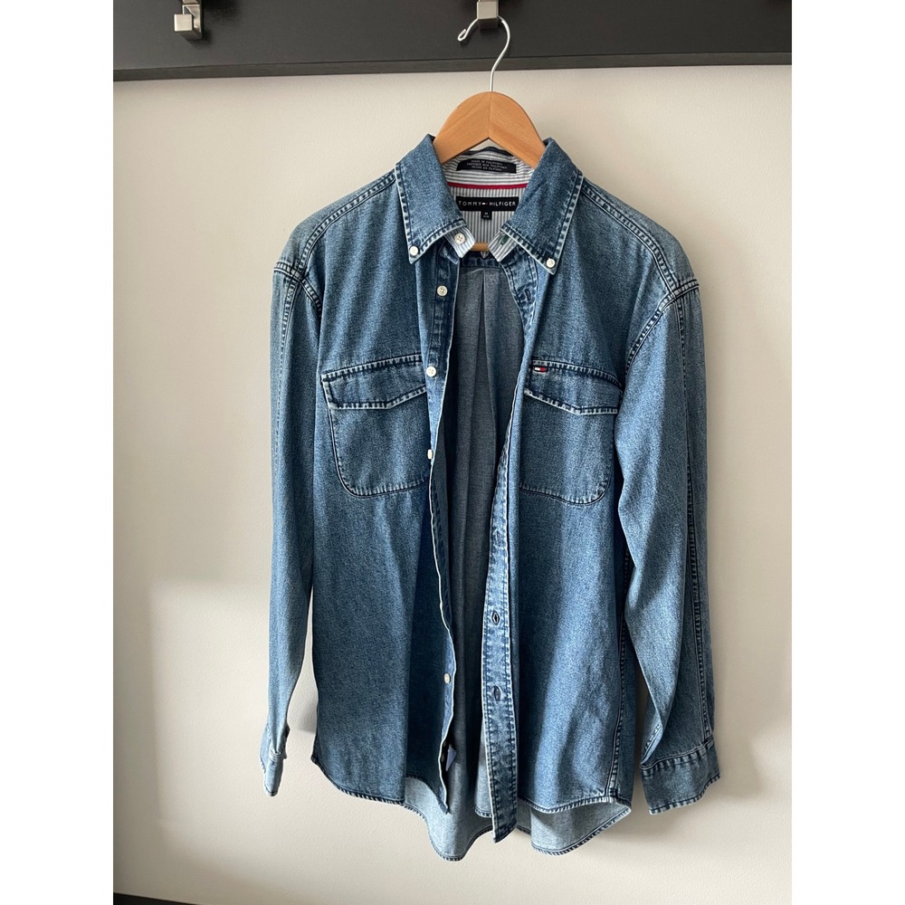 Tommy Hilfiger Mens Medium Wash Denim Button Down Long Sleeve Shirt M